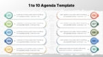 Agenda slide showing 10 numbered points with colorful icons and aligned text boxes on a white torn-paper background