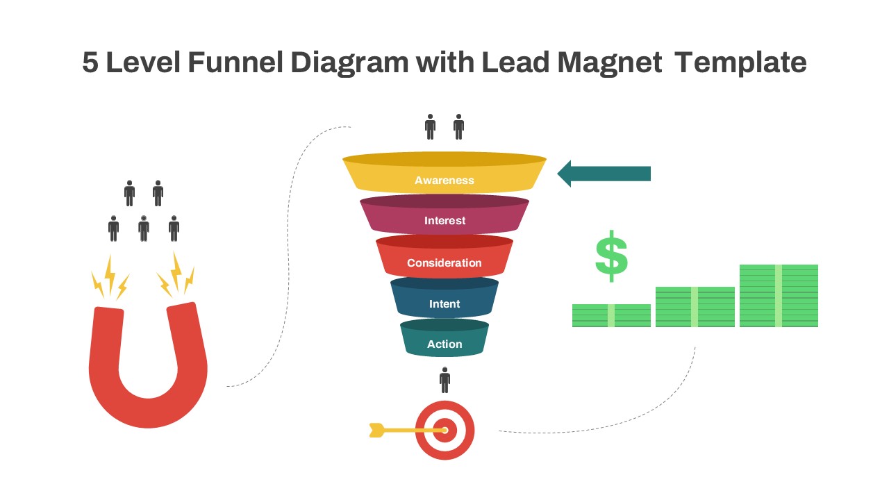 5 Level Funnel Diagram with Lead Magnet Template for PowerPoint & Google Slides