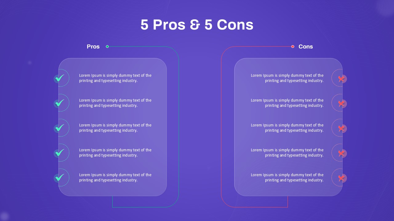 PowerPoint template comparing 5 pros and 5 cons with checkmark and cross icons
