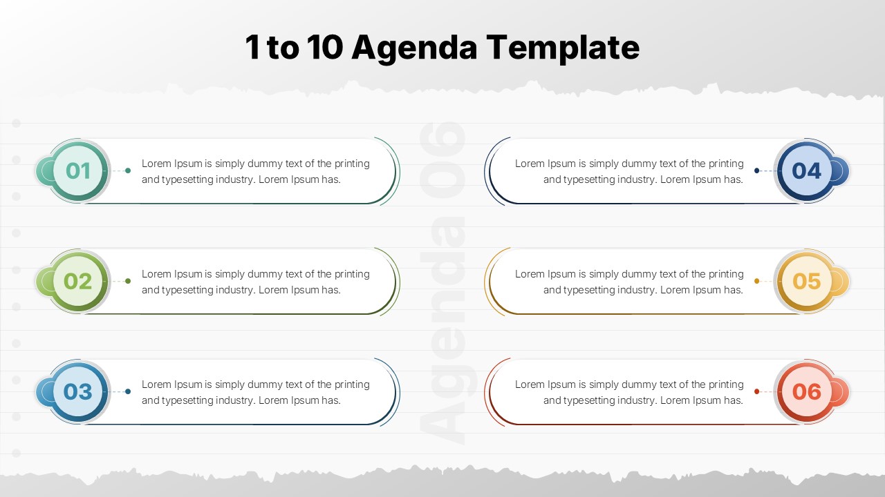 Agenda powerpoint template with numbered items from 01 to 06 in a two-column layout