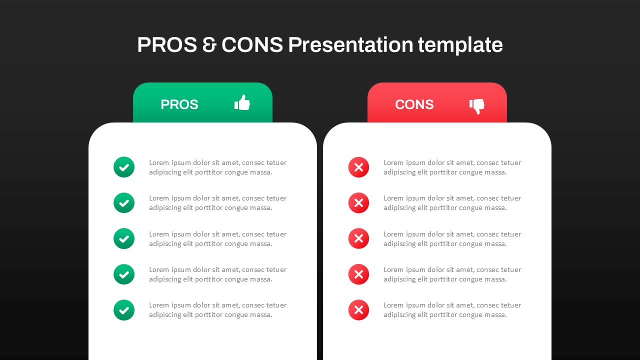 Pros and Cons powerpoint slide template with two columns