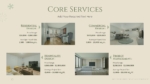 Interior design company PowerPoint slide outlining core services including residential, commercial, hospitality design, and project management with pricing and project size.