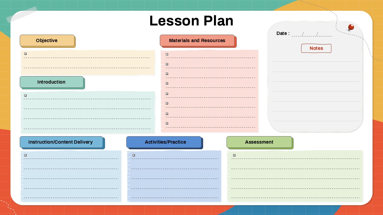 Lesson plan PowerPoint template with sections for objective, introduction, activities, and assessment