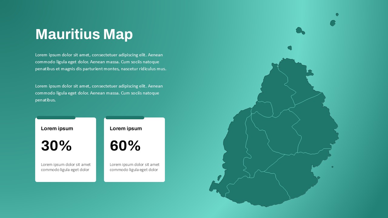 Mauritius map PowerPoint with percentage statistics for two regions