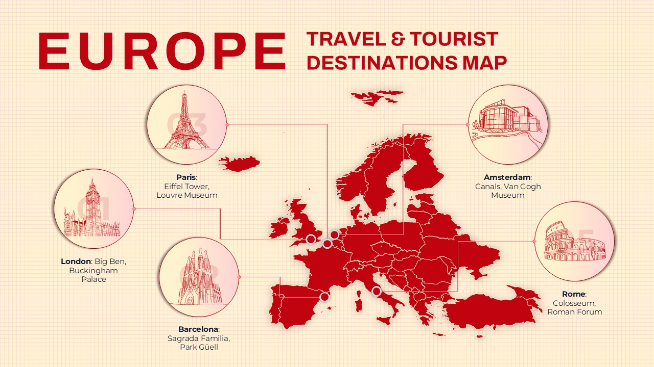 Map of Europe with key travel destinations like Paris, London, Rome, Amsterdam, and Barcelona marked with illustrations and text.