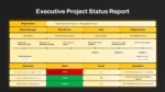 Project status report PowerPoint slide showing timeline, key milestones, project details, and issue tracking on a dark background.
