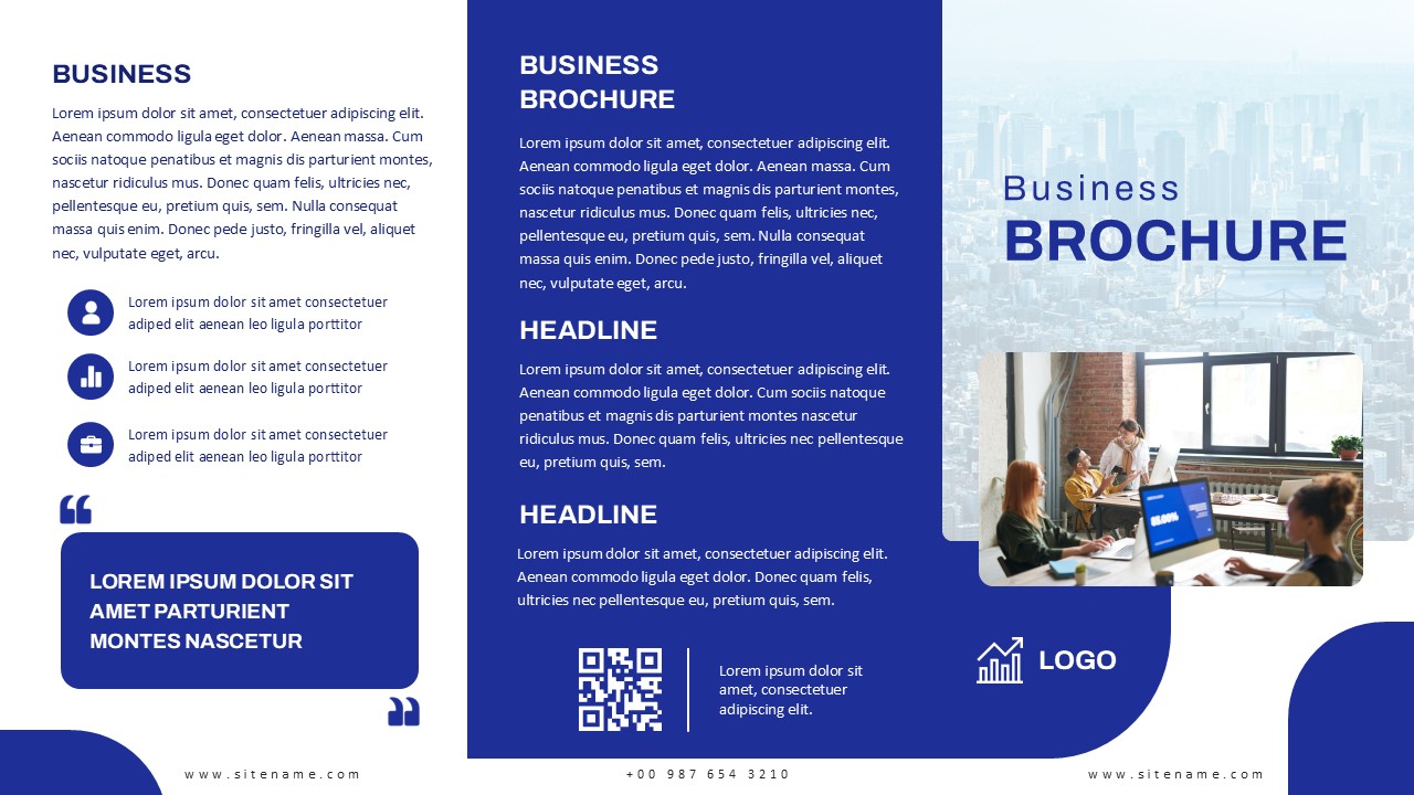 Business brochure PowerPoint slide template for presenting business information, services, and brand identity.
