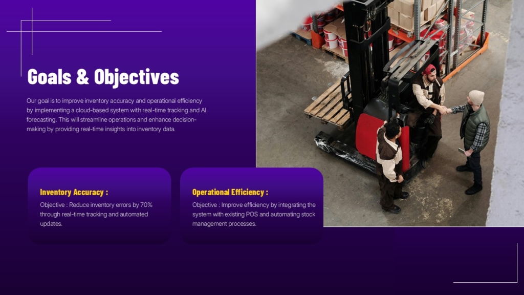 Goals and objectives slide for inventory accuracy and operational efficiency in inventory management