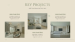 Interior design project highlights slide with living room images and captions for company profile PowerPoint template.