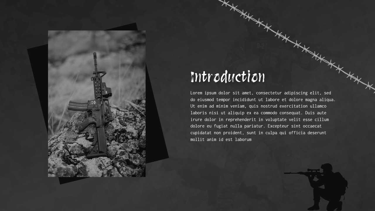 War Presentation Slide – Introduction Layout with Rifle Image, Barbed Wire Design, and Military-Themed Background