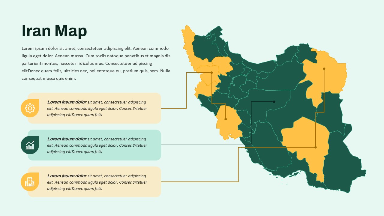 PowerPoint template of Iran map with highlighted regions and placeholders for regional details.