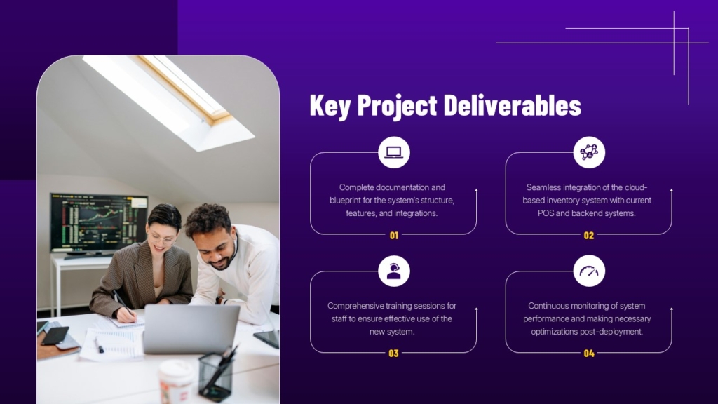 Key project deliverables slide showing system documentation, integration, training, and performance monitoring for an inventory management project