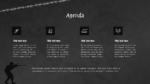 Agenda slide from military presentation with 4 columns, weapon icons, and barbed wire design on a black battle background.