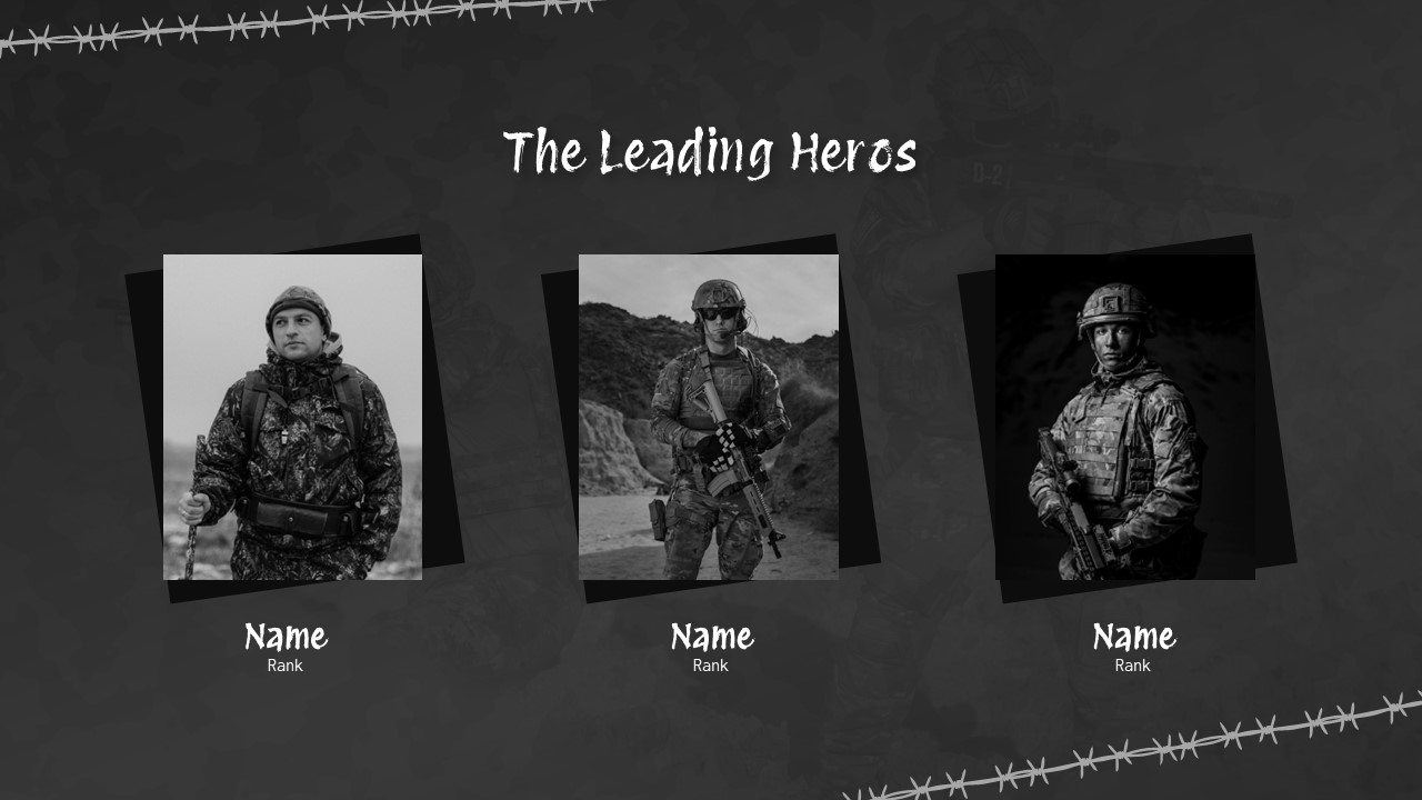 PowerPoint slide showing three soldier profiles labeled as “Leading Heros” with photo frames, names, and military rank space.