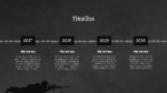 Military timeline slide with years 2027–2030, barbed wire divider, soldier background, and battle-themed dark design.