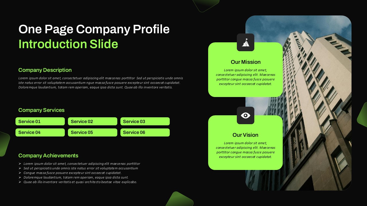 Company profile slide with mission, vision, description, services, and achievements