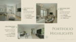 Interior design presentation slide titled “Portfolio Highlights” showcasing four residential project images with descriptions including price, city name, and square footage.