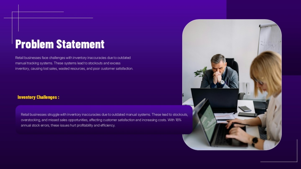 Problem statement slide with inventory challenges, outdated manual systems, and stock inaccuracies