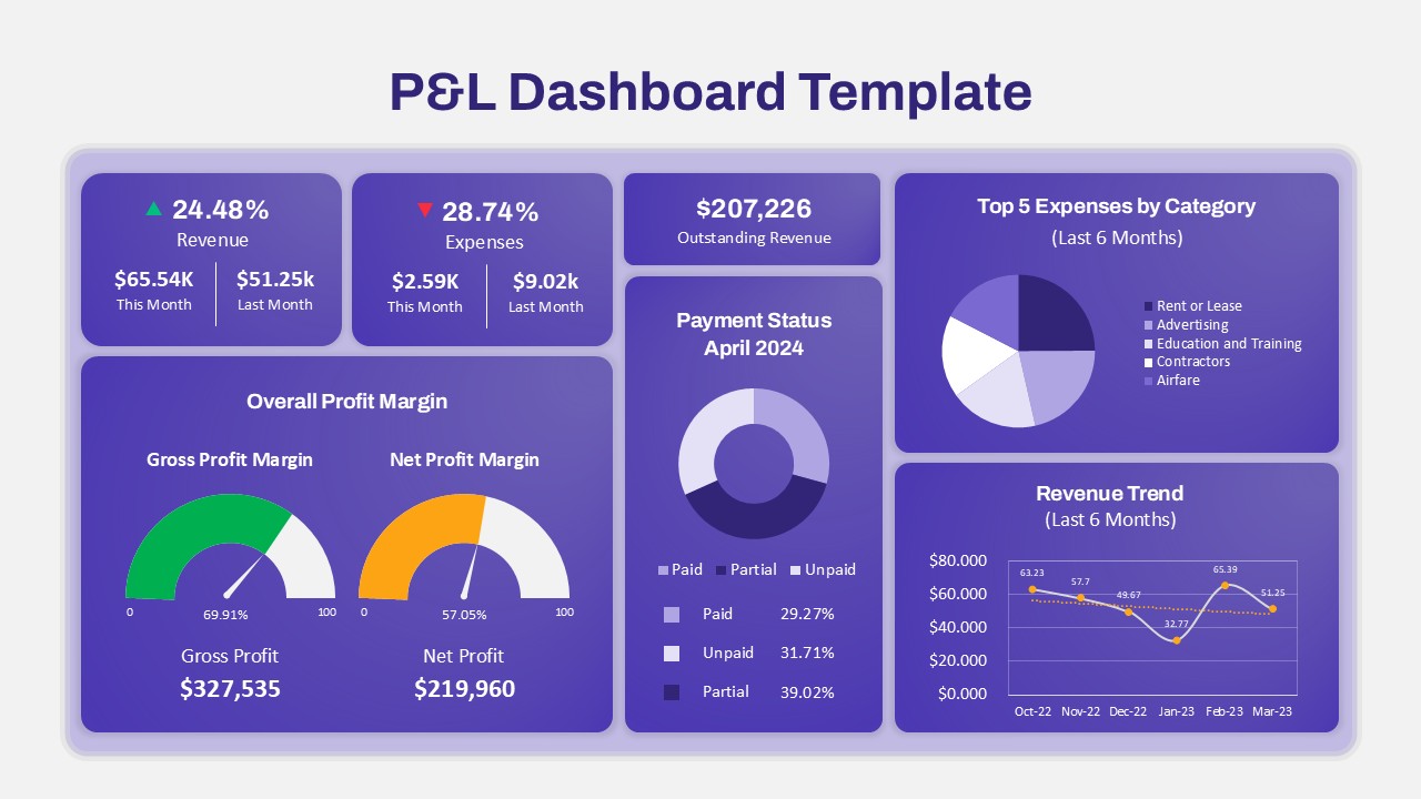 P&L dashboard showing revenue, expenses, outstanding revenue, payment status donut chart, top 5 expense categories pie chart, overall profit margin gauges, and revenue trend line chart