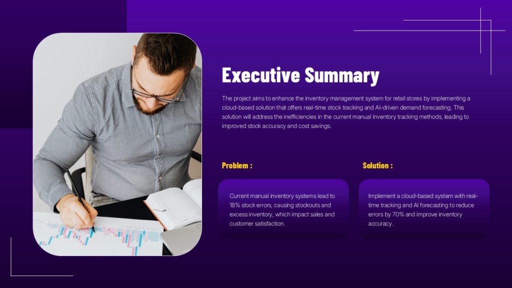 Executive summary slide with problem and solution statement for an inventory management system project