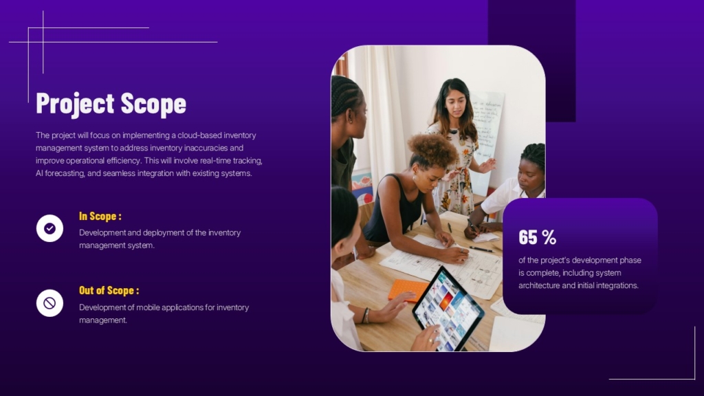 Project scope slide outlining in-scope and out-of-scope tasks for an inventory management system project