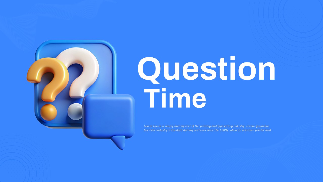 3D question mark and speech bubble icons with 'Question Time' text on a blue background