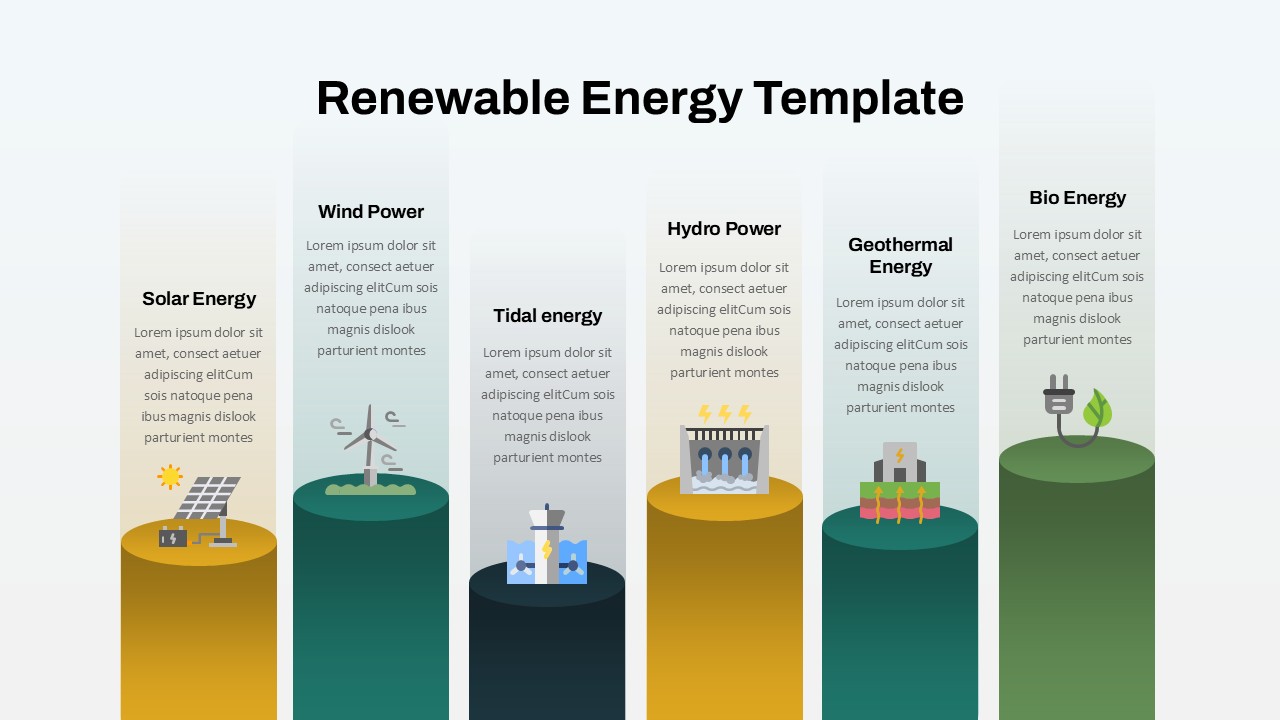 PowerPoint slide with five vertical panels showing Solar, Wind, Tidal, Hydro, Geothermal, and Bio Energy icons and descriptions