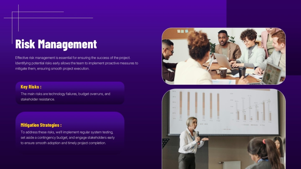 Risk management slide showing key risks and mitigation strategies for project success