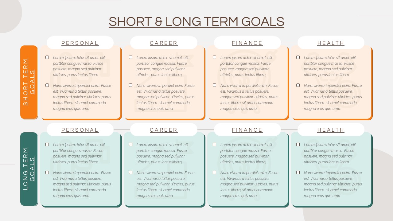 Goals planning PowerPoint template with short and long term categories across personal, career, finance, and health