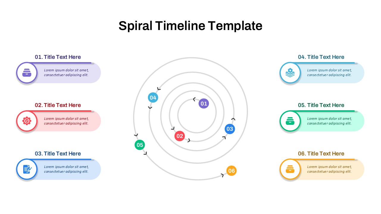 6-step spiral timeline PowerPoint template with colorful icons and text placeholders for visualizing project phases.