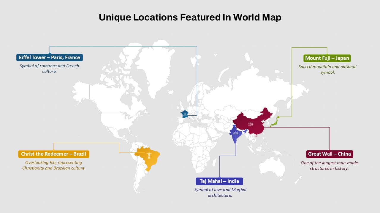Unique Locations Featured on World Map PowerPoint Presentation Template