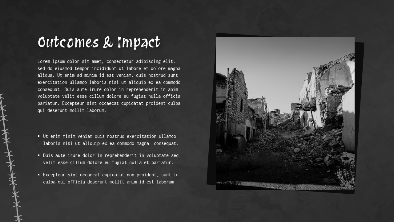 Outcomes and impact slide with war destruction image and bullet points for presenting conflict results in a dark layout.