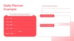 Daily planner powerpoint template with time-blocked schedule, top 3 priorities, to-do list, and notes section in a red and white layout