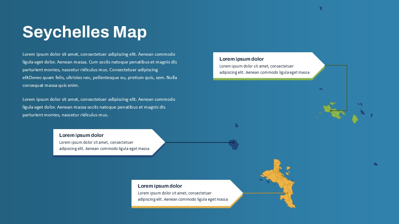 Seychelles map infographic with labeled islands and callout text boxes highlighting key regions on a blue background