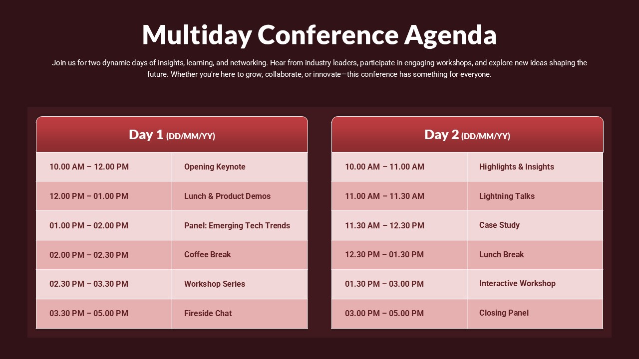 Multiday Conference Agenda Slide for PowerPoint & Google Slides