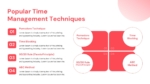 Popular Time Management Techniques Slide featuring Pomodoro Technique, Time Blocking, 80/20 Rule, and ABC Method with visual and text descriptions