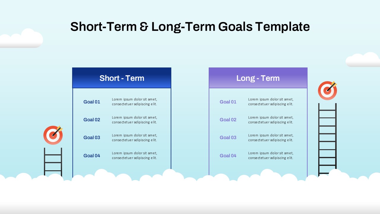 PowerPoint slide comparing short-term and long-term goals with ladder and target graphics in a cloud background