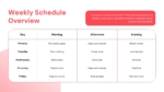 Weekly schedule overview table powerpoint with morning, afternoon, and evening tasks listed for Monday through Friday in a red-themed layout