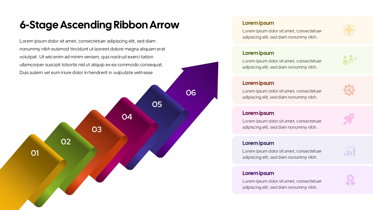 6-Stage Ascending Ribbon Arrow Template for PowerPoint and Google Slides