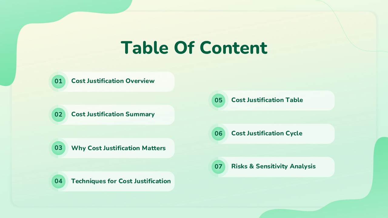 Table Of Content Cost Justification Template PPT and Google Slides