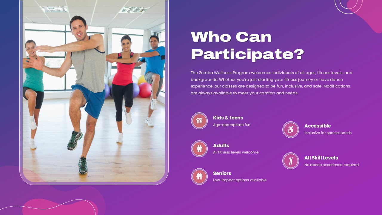 Zumba Wellness Program Who Can Participate PowerPoint and Google Slides