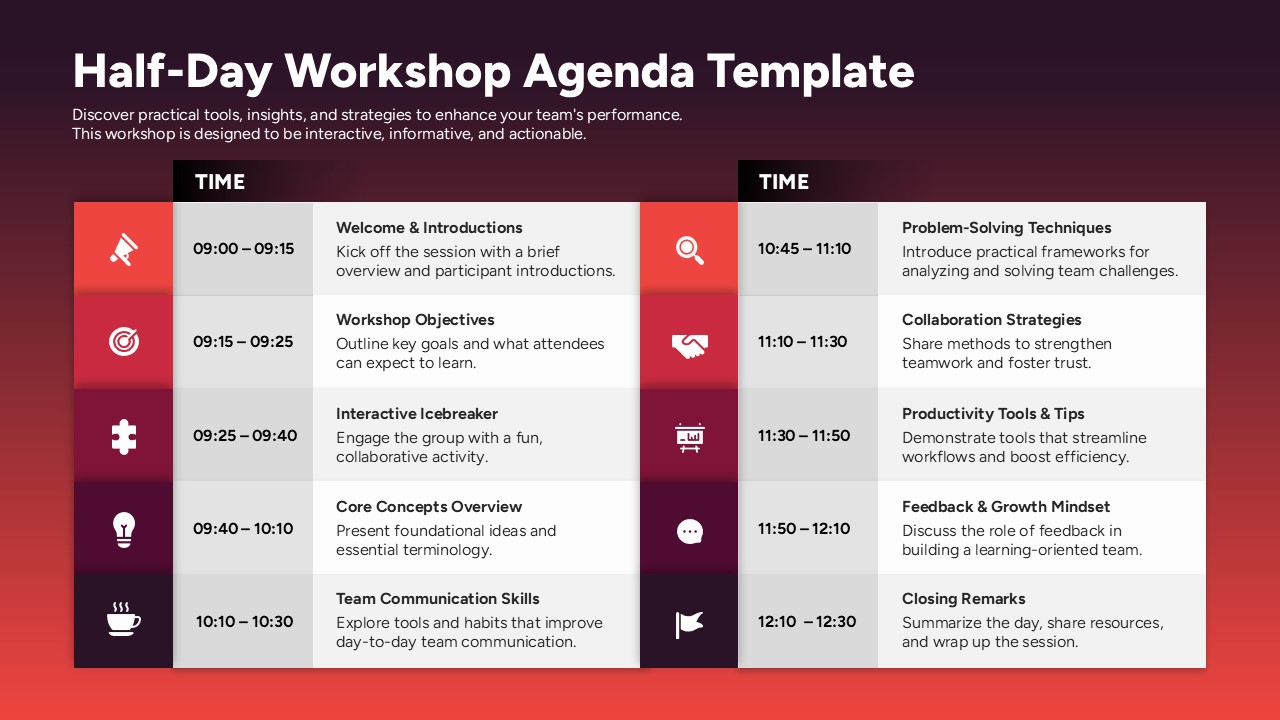 Half-Day Workshop Agenda Template for PowerPoint and Google Slides