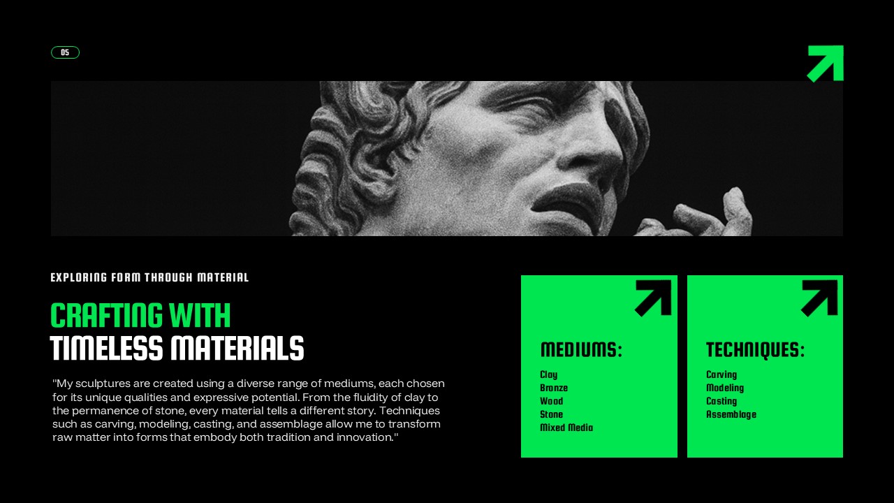 An Image That Shows Art Portfolio Presentation Template. Exploring Form Through Materials PowerPoint and Google Slides