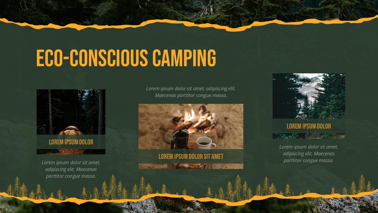 Eco-conscious camping slide in Forest Camping Adventure Template highlighting sustainable outdoor practices.