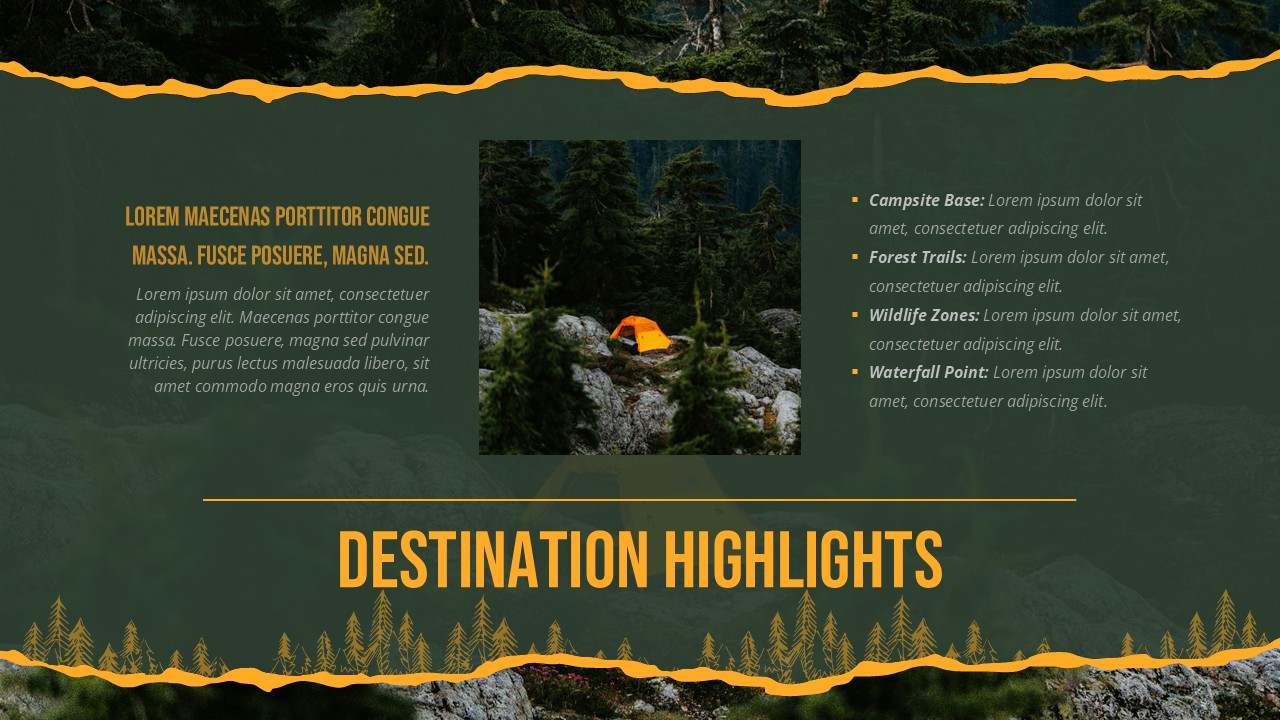 Destination highlights slide in Forest Camping Adventure Template showing campsite image and location overview.