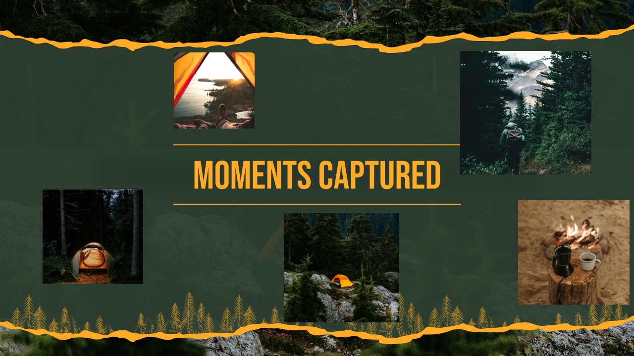 Photo gallery slide in Forest Camping Adventure Template featuring forest and camping moments.