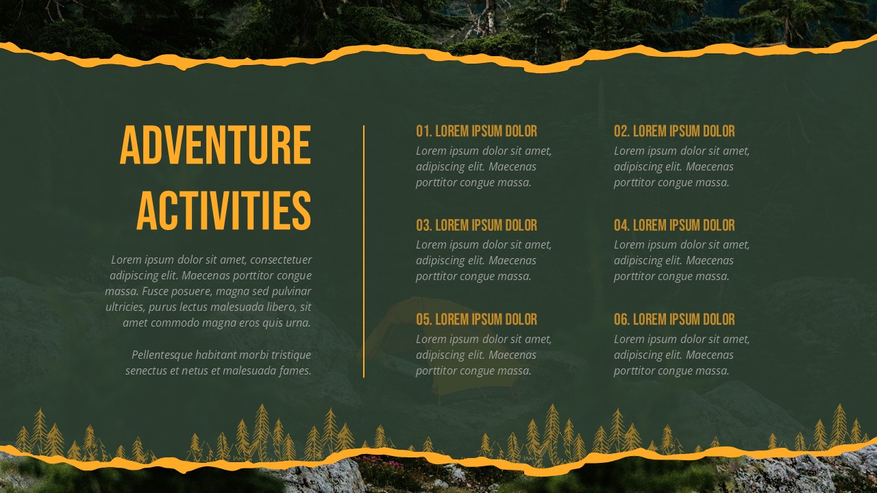 Outdoor activities slide in Forest Camping Adventure Template with numbered adventure activity list.