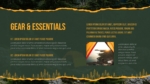 Gear and essentials slide in Forest Camping Adventure Template showing camping checklist and outdoor equipment.