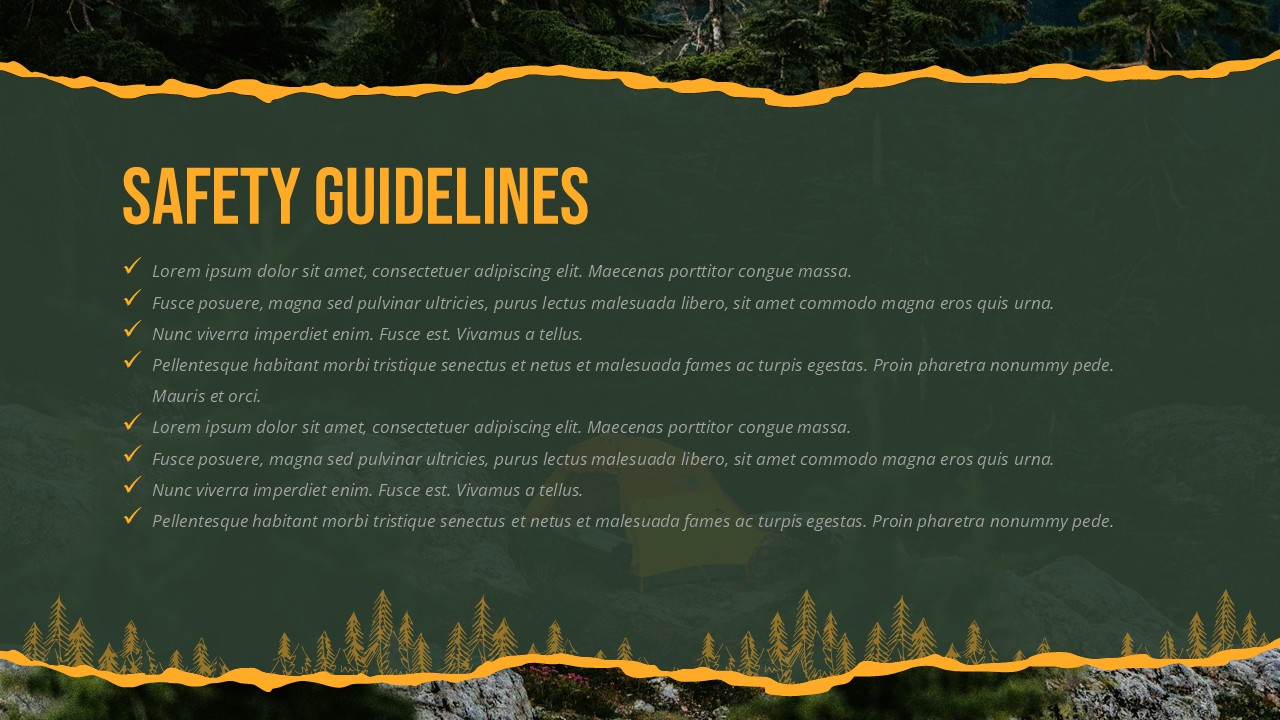 Safety guidelines slide in Forest Camping Adventure Template with camping safety checklist and forest background.