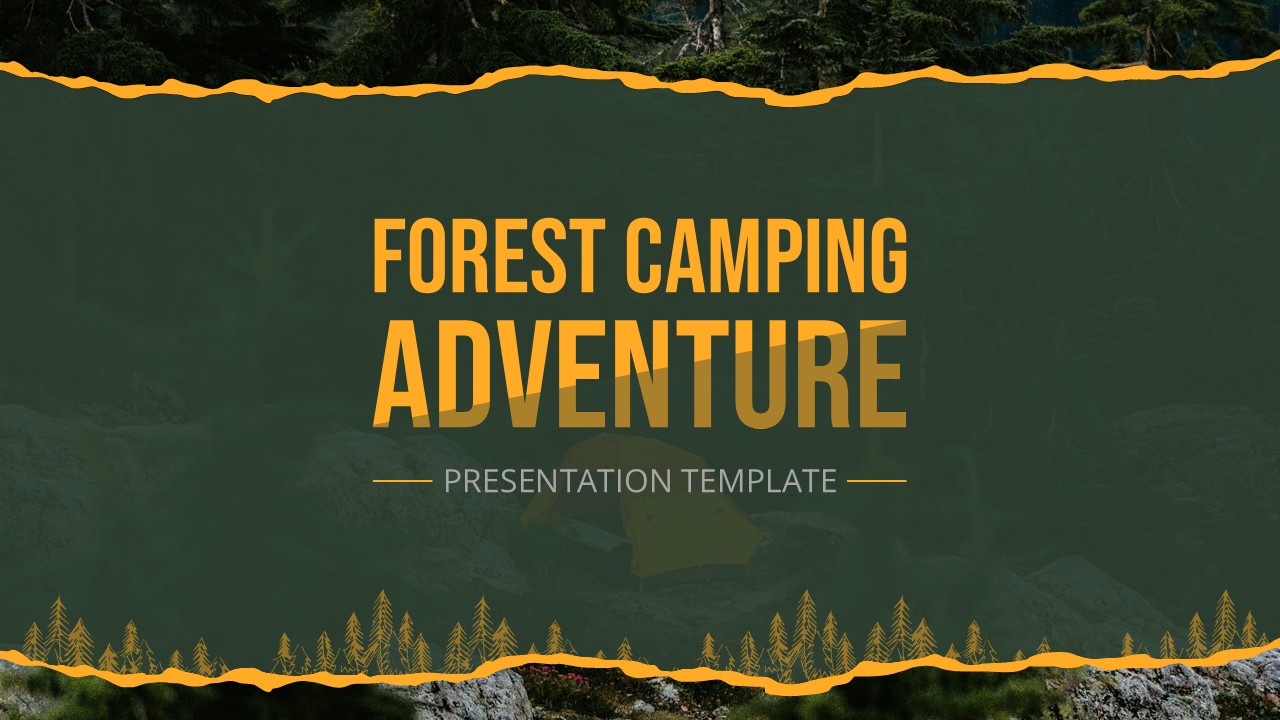 Cover slide of Forest Camping Adventure Template with bold title over dark forest background.